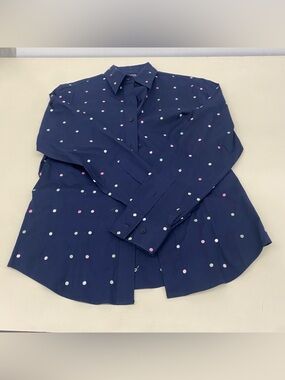 BLUE BUTTON DOWN WITH EMBROIDERED POLKA DOTS